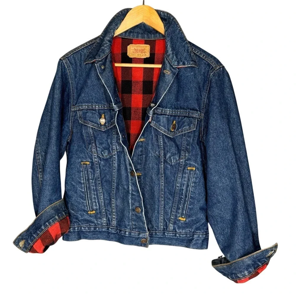 Vintage Levi's Buffalo Plaid Flannel-lined‎ Denim Trucker Jacket 80s Men's S / M